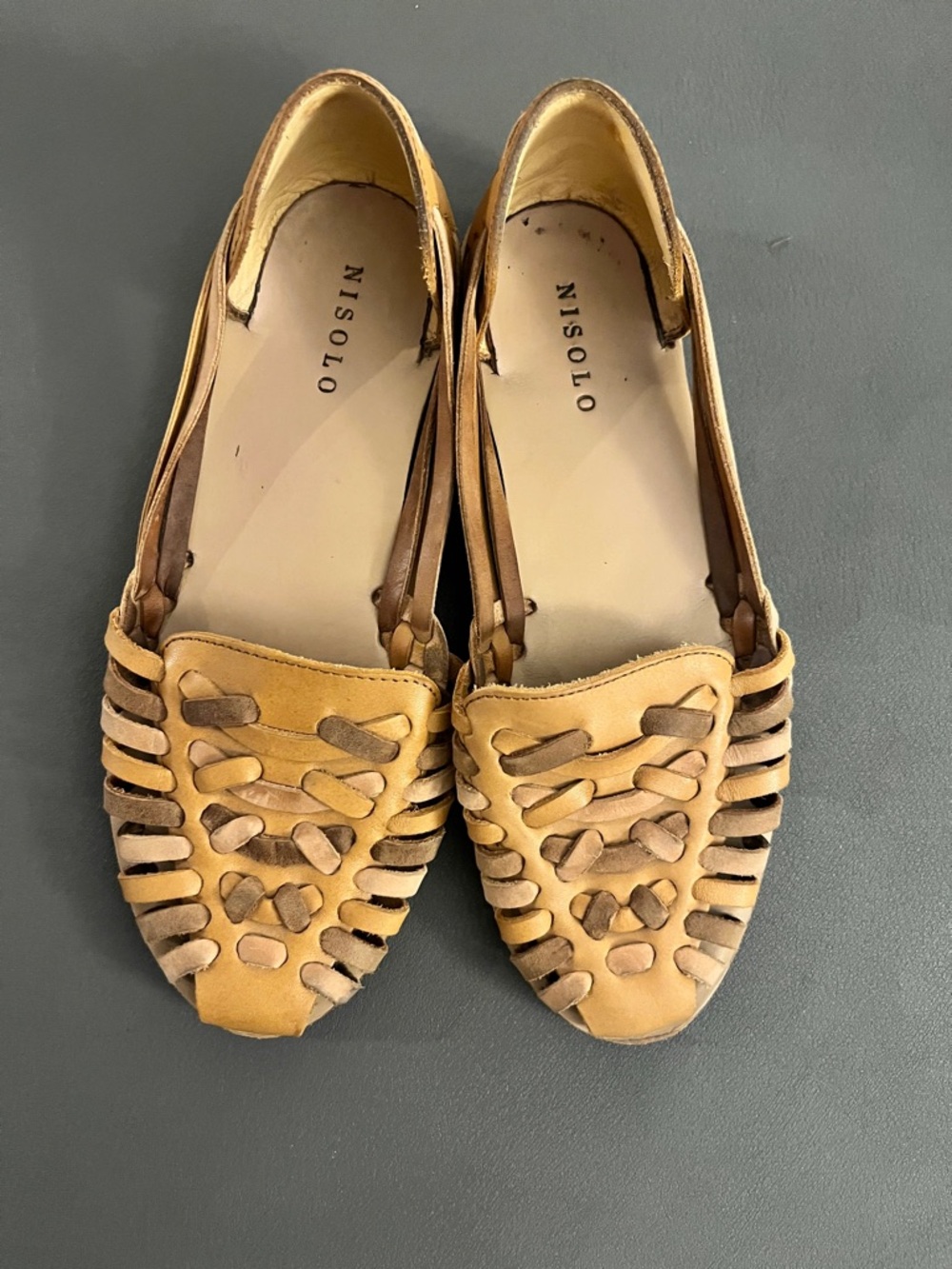 Nisolo Tan and Brown Woven Leather Huarache Flats